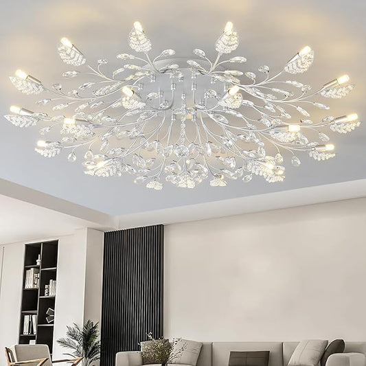 Modern Crystal Ceiling Light Fixture,Semi Flush Mount Chandeliers,Crystal Leaf Ceiling Light,Silvery Chandeliers for Dining Room,Living Room,Bedroom