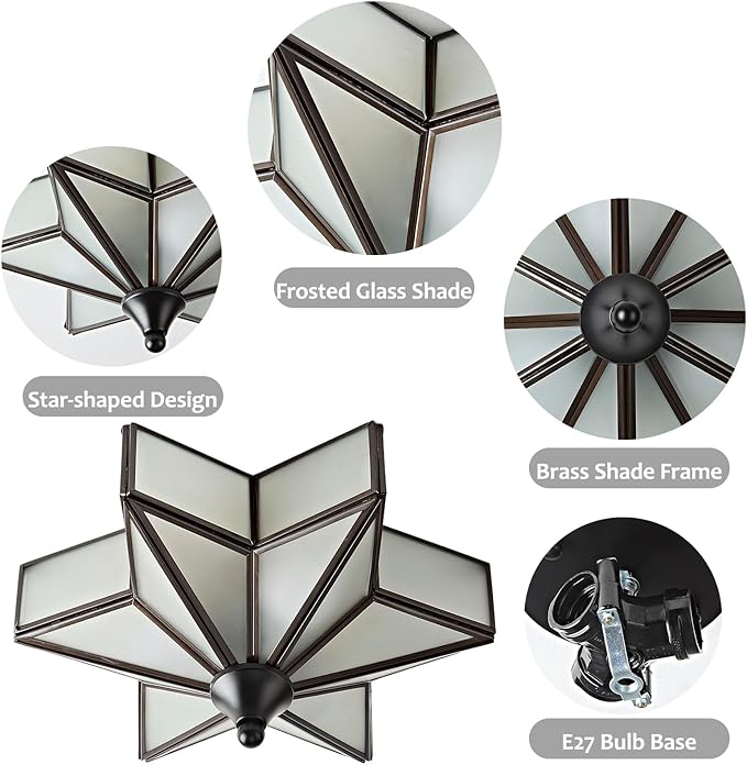 LIGHTLAND 11.8 Inch Flush Mount Star Ceiling Light, 3 Lights Brass Ceiling Lamp with Glass Lampshade, Art Deco Close to Ceiling Light Fixtures for Entryway Hallway Porch, Black