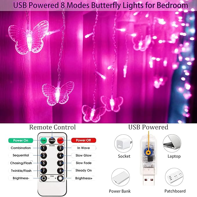 Lainin 12ft/3.5M USB Powered 8 Modes Butterfly Curtain Night Light Strip Icicle Fairy String Light, Perfect for Room Garden Wall Christmas Wedding Indoor/Outdoor Party Decoration (Pink)