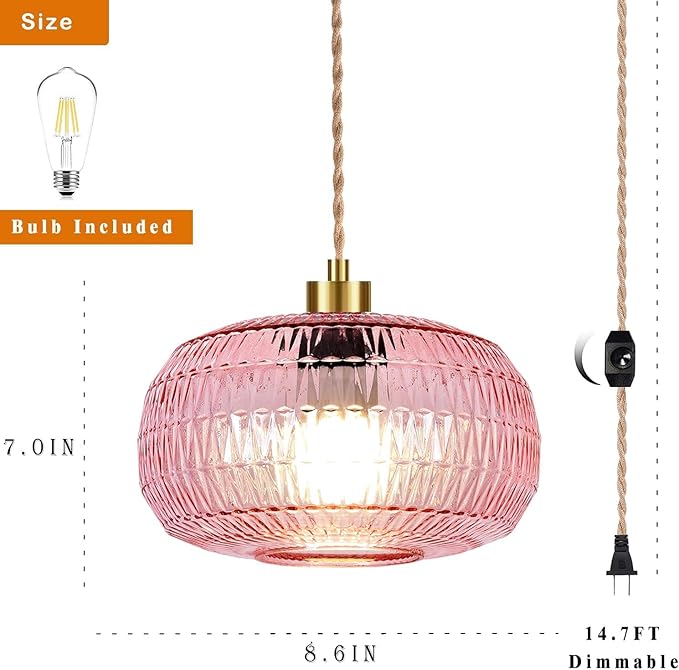 QIYIZM Pink Plug in Pendant Light Hanging Lights with Plug in Cord Boho Hanging Lamp Glass Gold Mid Century Modern Vintage Dimmable Flower Plug in Chandelier Ceiling Fixture for Living Room,Kitchen