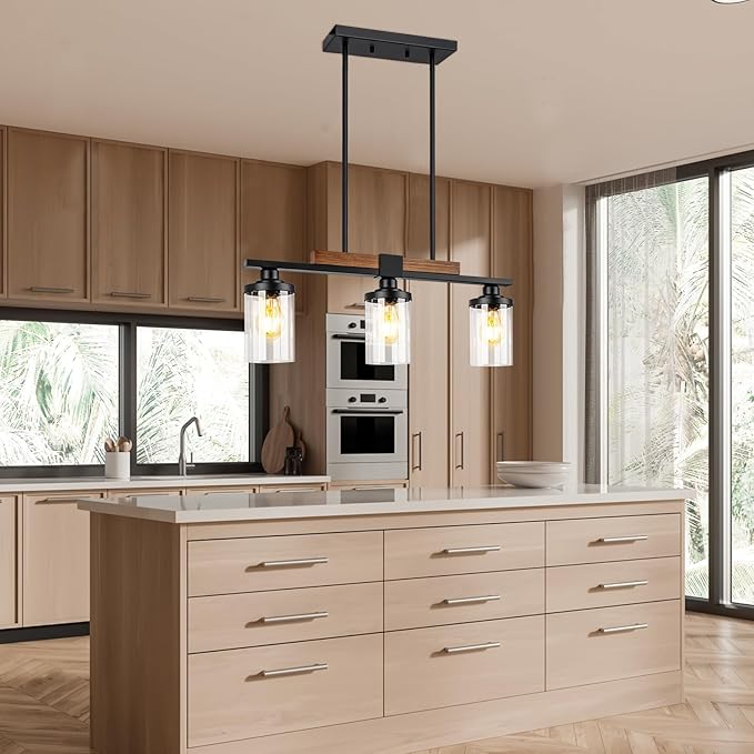 VenzBlomia Black Kitchen Island Lighting Fixture, 3-Light Farmhouse Dining Room Chandelier Over Table, Large Pendant Light Ceiling Hanging, Modern Dining Table Light with Adjustable Height
