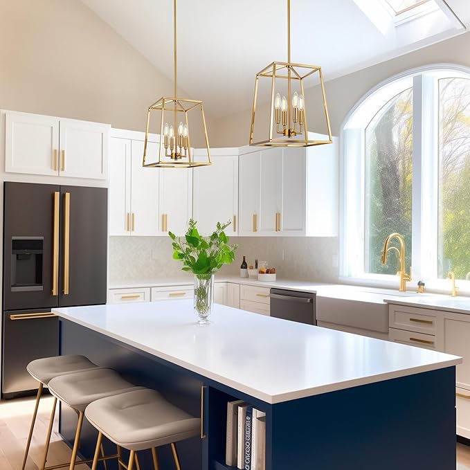 Kira Home Bellevue 16" 4-Light Modern Gold Lantern Pendant Light, Large Gold Geometric Metal Cage Chandelier, Cool Brass Finish