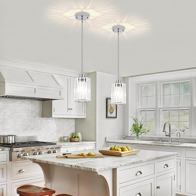 2-Pack Chrome Pendant Lights Kitchen Island Modern Crystal Hanging Pendant Light Hexagonal Mini Chandelier Adjustable Hanging Kitchen Lights for Dining Room Hallway Bedroom Entryway Light Fixture
