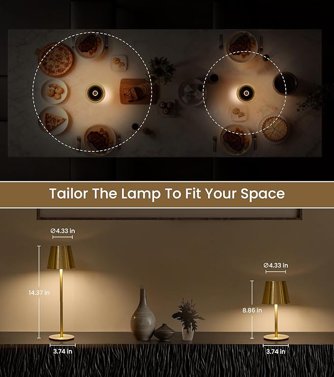Cordless Table Lamp, Portable Battery Operated Lamp with 3 Color Temps and Stepless Dimming, Rechargeable Table Lamp for Dinner, Desk, Cafe, Outdoor (Brushed Gold)