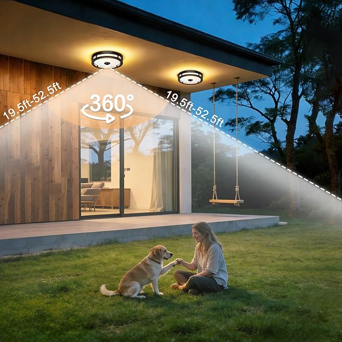 Outdoor Motion Sensor Ceiling Light with Remote,24W Dimmable & 2700K-3000K Adjustable Exterior Flush Mount Ceiling Lights,12" Outdoor Porch Light Fixture for Garage,Entryway,Patio,2 Pack