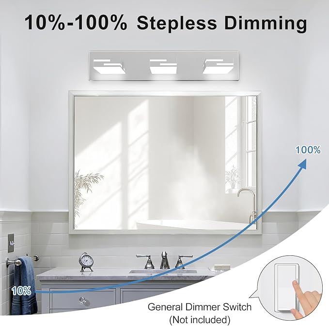 LED Modern Bathroom Vanity Light Fixtures, 3-Light 22-inch Dimmable Chrome Vanity Lights for Bathroom Lighting Fixtures Over Mirror, with 360° Rotatable Heads (Cool White 6000K)
