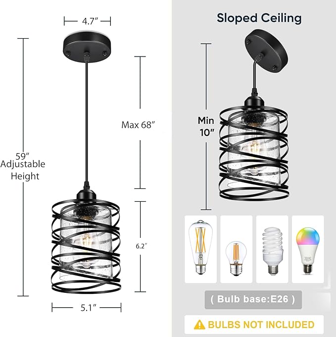 3 PACK Black Pendant Lights Kitchen Island, Small Kitchen Pendant Lighting Over Island, Modern Seeded Glass Hanging Light Fixtures, Single Ceiling Light for Kitchen, Dining Room, Bedroom, Foyer