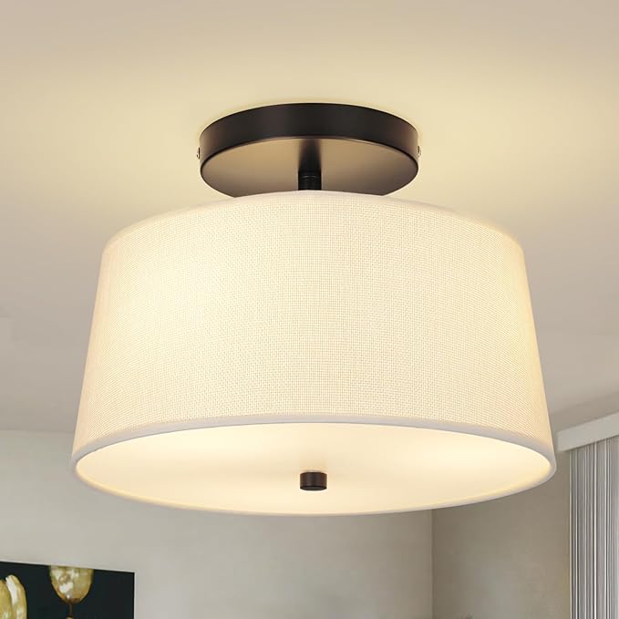 12.6" Semi Flush Mount Ceiling Light Fixtures,3-Light Drum Light,Modern Close to Ceiling Light with White Shade,Light Fixtures Ceiling Mount for Bedroom,Dinning Room,Nursery, Kitchen
