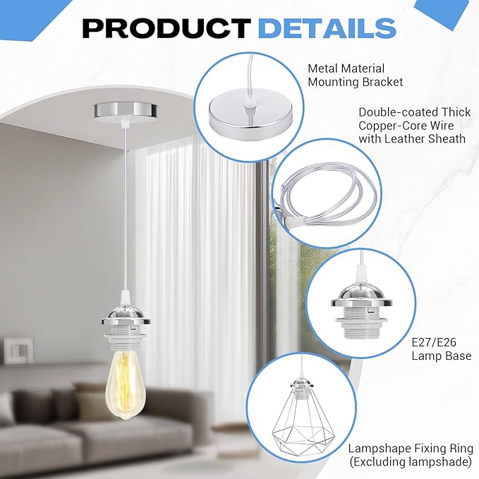 12 Pack Industrial Mini Pendant Light Kit Bulk, UL E26/E27 Lamp Socket 3.28 ft Adjustable Hanging Light Cord Kit Edison Vintage Retro Ceiling Lamp Fixture for Kitchen Bar Decor(Sliver)