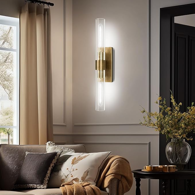 Brass Wall Sconces Set of Two, 22.8" Sconces Wall Lighting 2-Light, Gold Bathroom Wall Sconces, Glass Vanity Lights, Indoor Wall Sconce for Bathroom, Bedroom, Living Room, Hallway