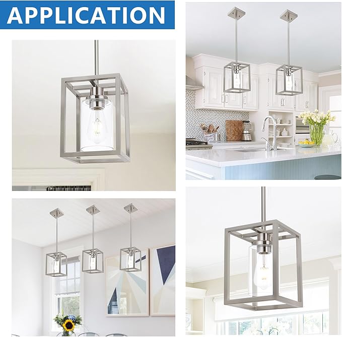 MELUCEE 3-Light Dining Table Light Sloped Ceiling Light Fixture with Clear Glass Shade, Brushed Nickel Pendant Lights Kitchen Island Adjustable Hanging Ceiling Lamp for Hallway Bathroom, 3 Pack