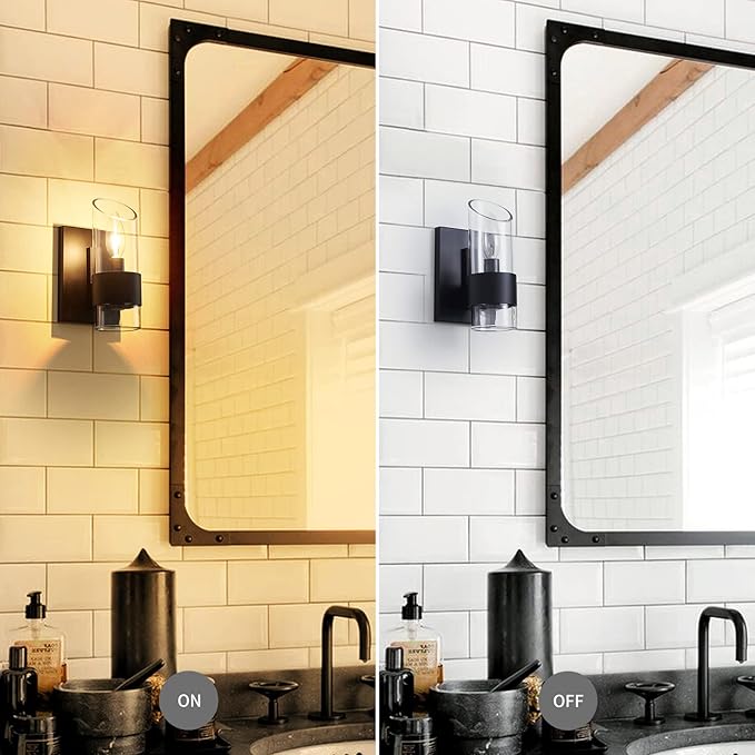 WUZUPS Set of 2 1-Light Bathroom Wall Light Fixture Over Mirror Class Shade Morden Vanity Scones for Bathroom Bedroom Living Room, E12 Base, Black