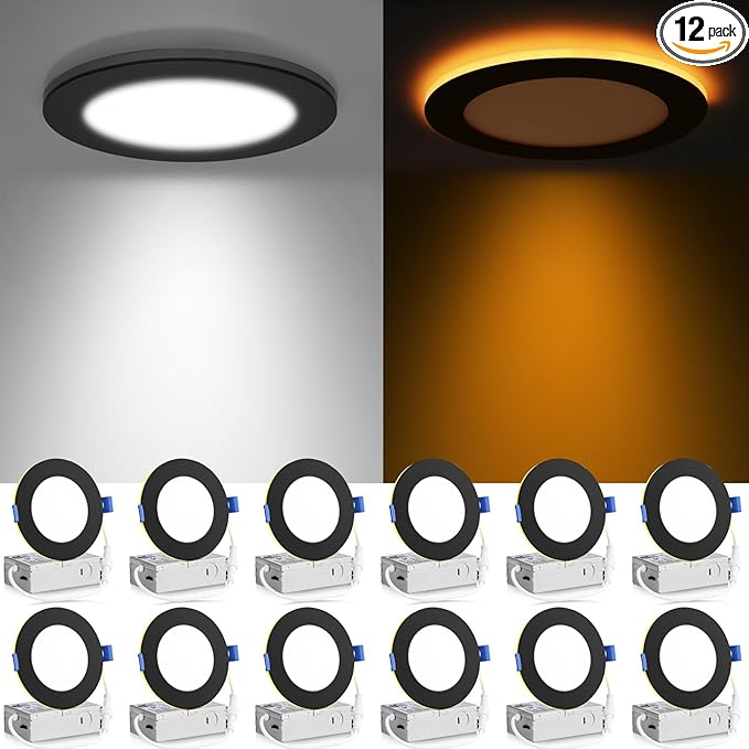 Meconard 12 Pack 4 Inch 5CCT LED Recessed Ceiling Light with Night Light, 2700K/3000K/3500K/4000K/5000K Selectable Ultra-Thin Lighting, 9W=75W, 750LM, Dimmable Canless Wafer Downlight, Black Trim