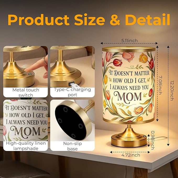Cordless Table Lamp,Mothers Day Gift for Mom Mother Grandma, 4000mAh Rechargeable Bedside Lamp,3 Color Modes & Stepless Dimming Tulip Desk Lamp, Cute Birthday Gift for Mom Women from Daughter Son