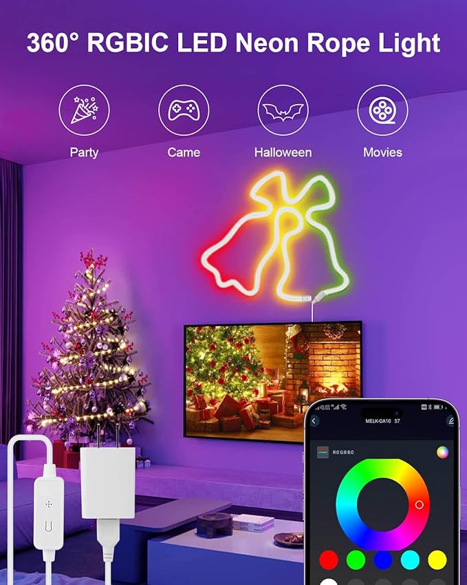 LED Neon Rope Lights, 10ft RGBIC 360° Luminous 5v USB Bluetooth APP Control Music Sync IR Remote Color Changing Smart LED Strip Lights for Bedroom Gaming Party Decor