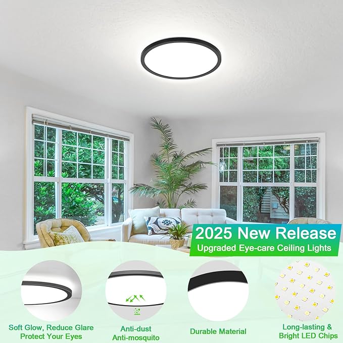 16.5 Inch Large Flush Mount Ceiling Light Fixtures, 4200 Lumens 32W Ceiling Lamp, 2700K-6500K Selectable & Dimmable, 0.86 Inch Extremely Thin Black Modern Flat LED Ceiling Lights for Bathroom, 1 Pack