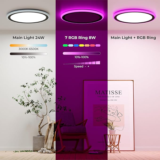 BLNAN RGB Led Flush Mount Ceiling Light with Remote Control, 13Inch 24W 2400LM 3000K-6500K Dimmable Color Changing Wired Light Fixture, Colorful for Bedroom Kids Room Party Festival, Black