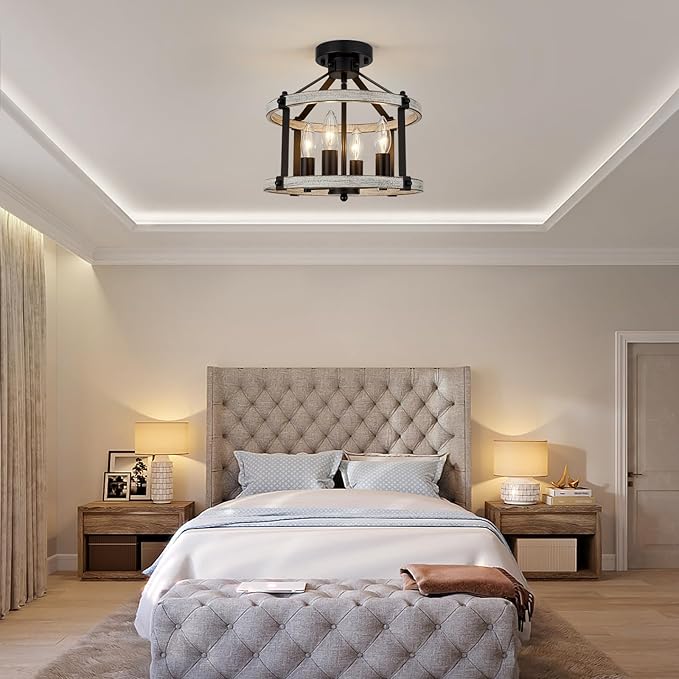 12.5" Farmhouse Semi Flush Mount Ceiling Light,4 Light Rustic Semi Flush Ceiling Light,Black+Oak Finish Industrial Semi Flush Light Fixture for Hallway Entryway Bedroom Balcony Laundry Room