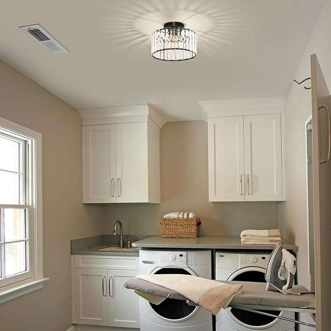 Modern Ceiling Light, Crystal Hallway Semi Flush Mount Ceiling Lighting Fixture, Black Metal Close to Ceiling Lamp for Bathroom Entryway Bedroom Porch Kitchen Living Room