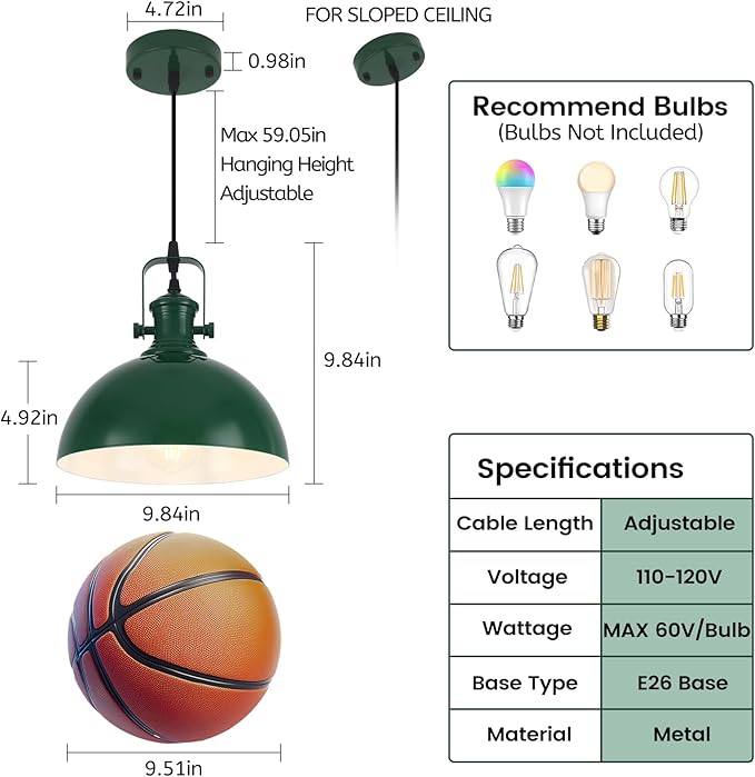 Green Farmhouse Pendant Light, 9.8 inches Industrial Pendant Light, Modern Pendant Lights for Kitchen Island Bedroom Living Room, 2 Pack