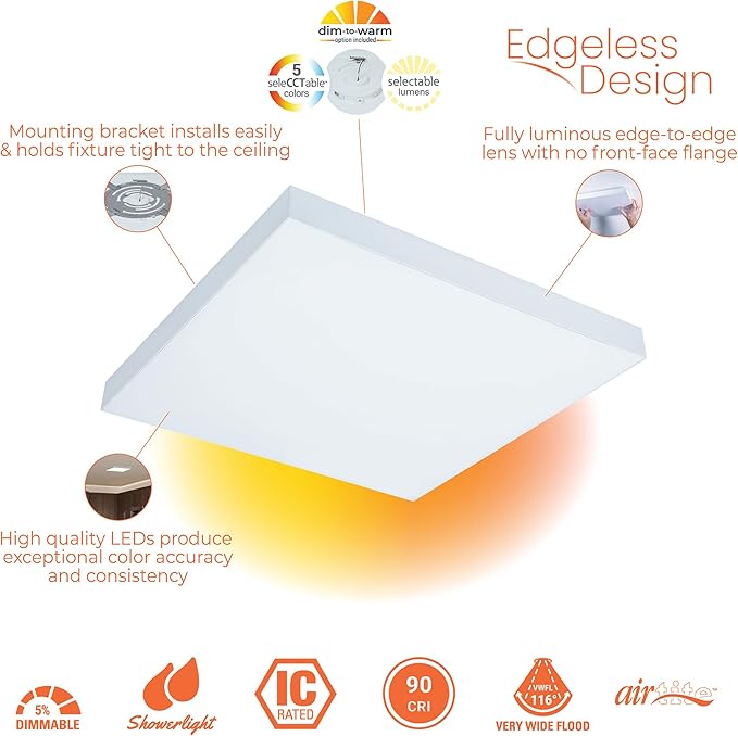HALO SMX 14-Inch Edgeless Surface Mount LED Downlight w/Selectable Lumens, Color Temperatures, Dimming - Square- SMX14SLSFSD2W