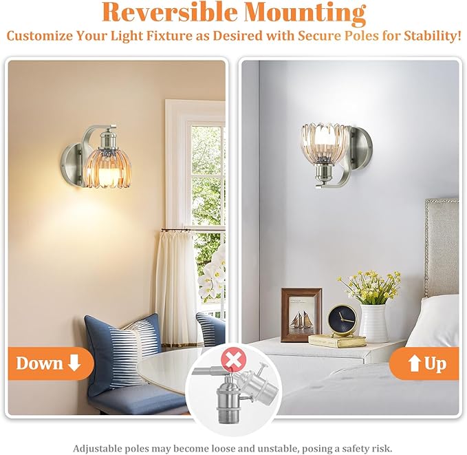 VerRon Rechargeable Battery Operated Wall Sconce with Amber Glass Lampshade, Wireless Wall Scone Decor with Remote Control, 15 Colors Brushed Nickle Wall Light for Bedside Hallway Bedroom Doorway