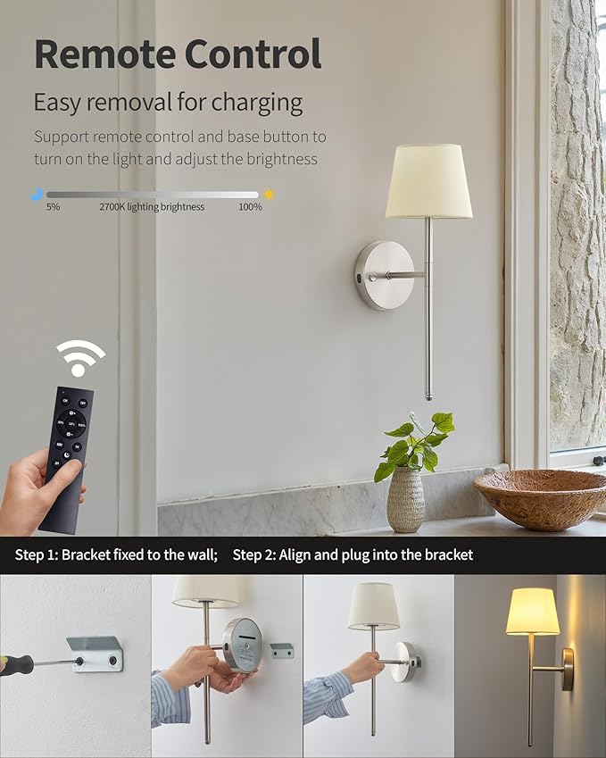 Wall Sconces Battery Operated Set of Two, Small Rechargeable Wall Lights with Remote, 5200mAh Fabric Shade Cordless Wall Lamp for Bedroom, Hallway, Living Room, Dining Room, Picture (Silver)