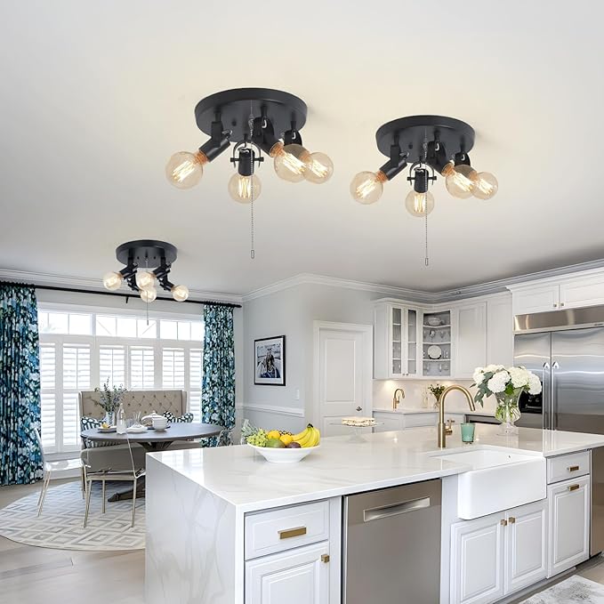 SEEBLEN 4 Light Flush Mount Ceiling Light with Pull Chain, Industrial Kitchen Ceiling Light with Rotatable Light Head,Black Pull Chain Ceiling Spotlight for Bedroom Hallway Kitchen Laundry