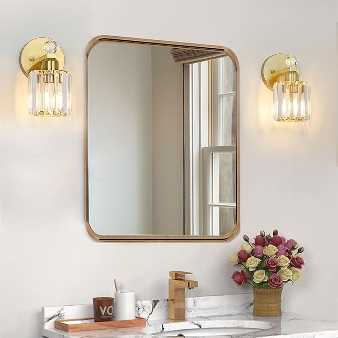 1-Light Gold Bathroom Light Fixtures,Modern Bathroom Vanity Lights Fixture with Clear Crystal Glass Shade,Gold Bath Wall Mount Lights, Light Fixtures for Bedroom Living Room