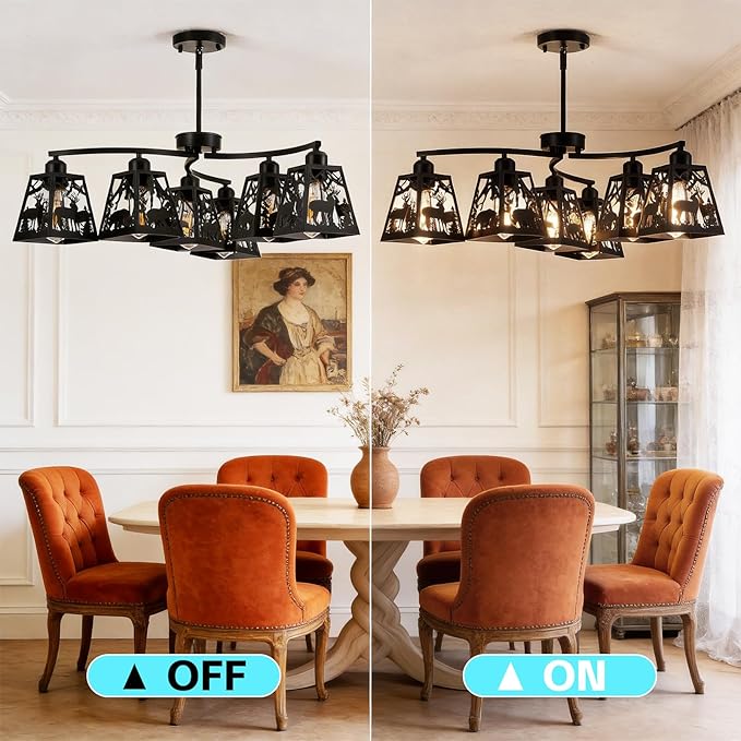Rustic Semi-Flush Mount Ceiling Light Fixture,6-Light Adjustable Height with Rotation Arm Black Fixtures for Kitchen, Hallway, Living Room, Industrial Style with Deer, Bear, Tree Design