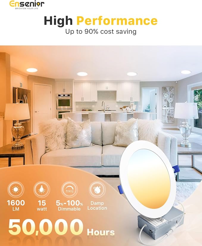 Ensenior 12 Pack 7 Inch LED Recessed Ceiling Light, Dimmable, 2700K-5000K 5CCT, 1600LM 15W 120V, High Brightness Canless Wafer Downlight - ETL&FCC&IC