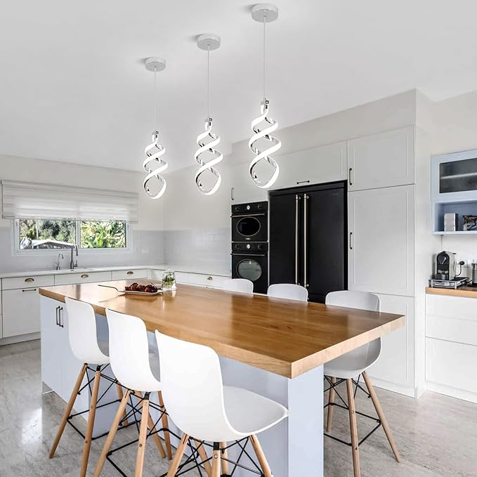 Modern Led Pendant Light Fixture, 15W Chrome Spiral Led Chandelier Hanging Lamp, 4500K Daylight White Pendant Lamp, Adjustable Height Pendant Light for Dining Room Bedroom Kitchen Island Cafe(2 Pack)