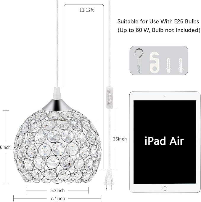 TISLYCO Plug-in Crystal Chandelier Lighting with Long Cord 13.12ft and On/Off Switch, Hanging Pendant Lights with Plug in Cord for Kitchen Island Bedroom Dining Room