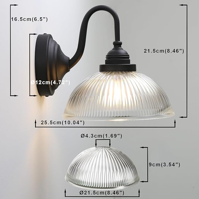 Yosoan Boho Brass Vintage Wall Sconce with Striped Bowl Shade, 1-Light Indoor Hardwired Modern Vanity Industrial Single Wall Mounted Clear Texture Glass for Living Room Kitchen Bedroom(Black)