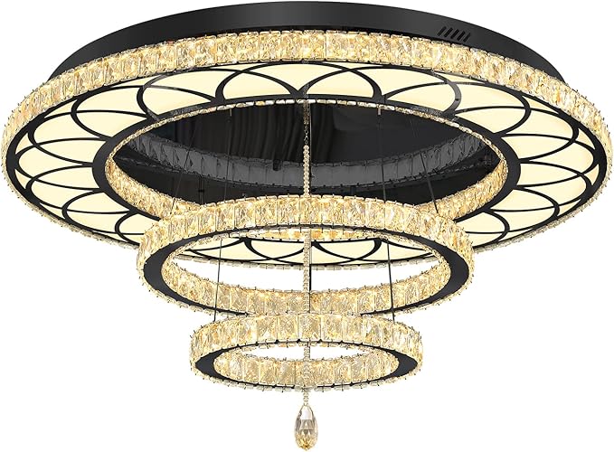 Flashing God Dia 48" Large Crystal Chandelier Modern Black Chandeliers LED Dimmable Flush Mount Chandelier Crystal Ceiling Light for Living Room Bedroom Foyer