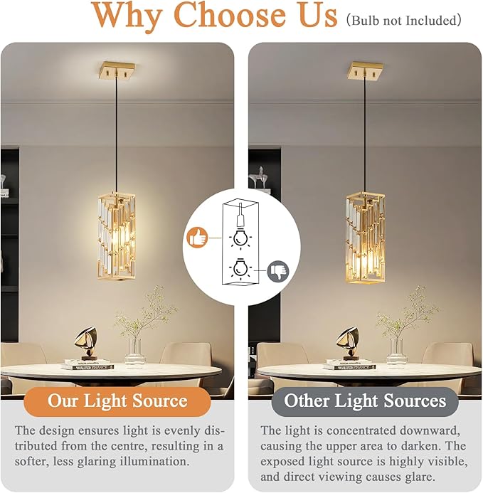 Gold Pendant Lights Kitchen Island, Adjustable Modern Pendant Light Fixtures 1 Pack, Mini Crystal Chandeliers for Dining Room Bedroom Foyer Hallway