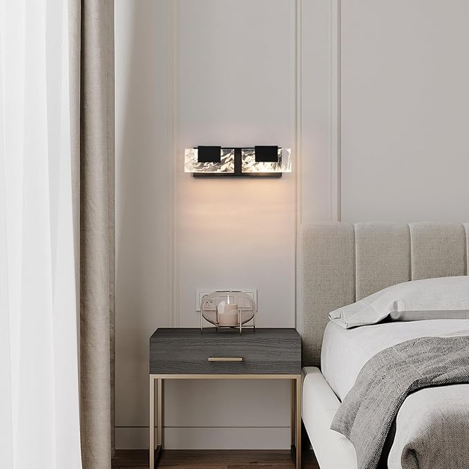 LED Bathroom Vanity Light: 16in Matte Black Acrylic Modern Lighting Fixtures - 2-Light Contemporary Smoke Design Wall Lights Fixture Over Mirror 3000K