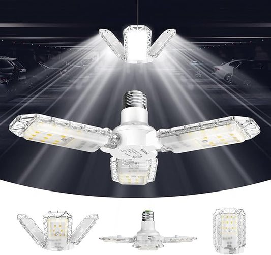 SANSI 3-Panel Deformable LED Garage Light, 300W Equivalent 30W, Garage Lights Ceiling Led,E26 Screw in Adjustable Shop Light with 5000K Daylight, for Garage Workshop Basement, ETL Certified