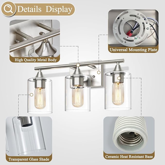 3-Light Bathroom Light Fixtures,Brushed Nickel Vanity Light,Modern Bathroom Lighting Fixtures Over Mirror,Wall Lighting Sconces for Mirror Bedroom Living Room Vanity Table Hallway