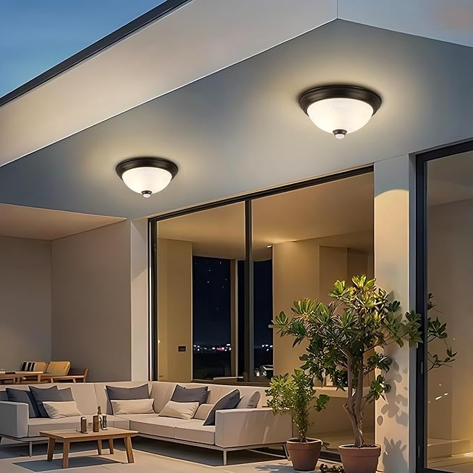 Motion Sensor Outdoor Ceiling Light with Remote, Dusk to Dawn Flush Mount Porch Light with 4 Modes, Close to Ceiling Light Fixture 2 LED Bulbs Included for Patio/Garage/Hallway