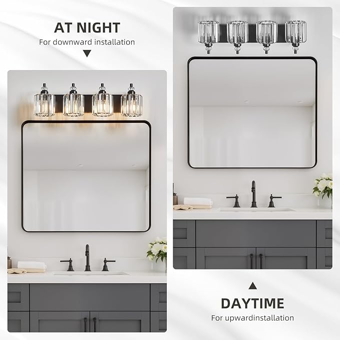 4-Light Black Bathroom Light Fixtures Over Mirror Modern Vanity Lights Crystal Wall Sconce Vintage Bathroom Lighting with Crystal Shade E26 Base for Bedroom, Living Room, Hallway