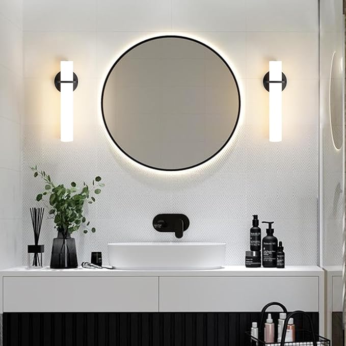 AIJIASI Wall Sconce Light - 15 inch Modern Black Bathroom Light Fixtures Wall Sconces Set of Two Dimmable LED Sconce Lighting, 15W 3000K Wall Light with Acrylic Shade for Bedroom Stairway Living Room