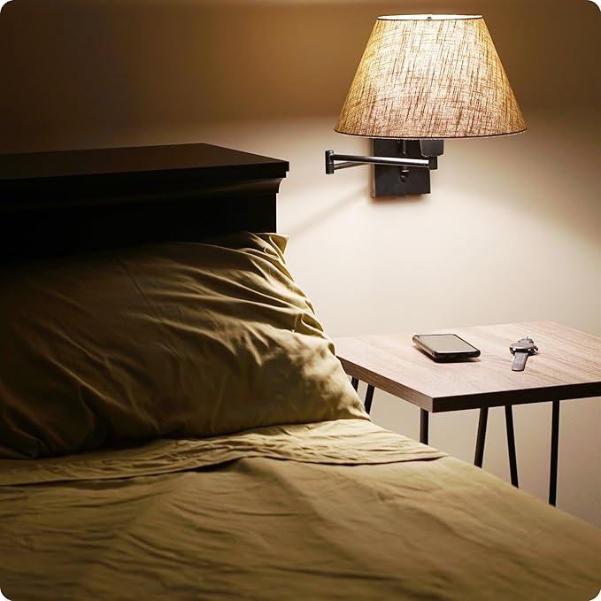 Kira Home Cambridge 15" Modern Swing Arm Wall Sconce with Latte Mocha Empire Fabric Shade, 2-in-1 Plug in or Hardwired Wall Lamp with 3-Way Switch, Black Finish