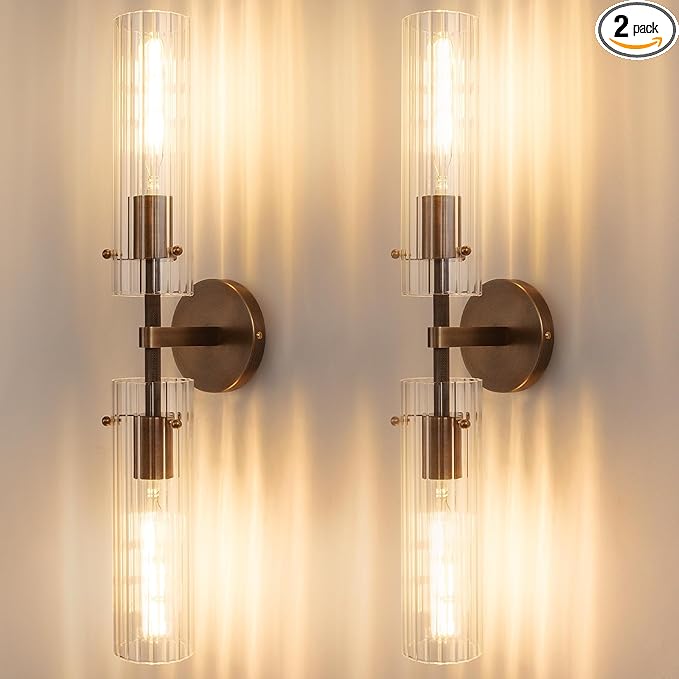 Brass Bronze 2-Light Knurled Wall Sconce, Dual-Head Vanity Lamp Set of Two with Vertical Striped Glass Tube, Bathroom Wall Sconces, Wall Lights for Living Room Bedroom Hallway Kitchen Bathroom Mirror