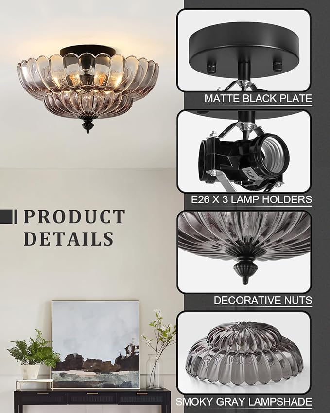 ANYLOVE Modern 12Inch Smoke Gray Flower Glass Semi Flush Mount Ceiling Light, 3 Light for Living Room Bedroom Hallway Entryway Foyer