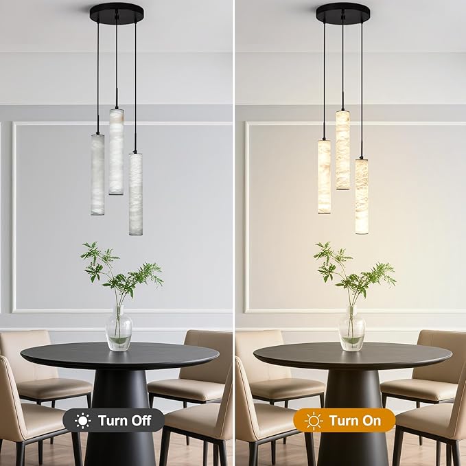 LMQNINE Natural Alabaster Pendant Lights for Kitchen Island White Marble Long Tube Chandelier 4000K Modern Black Ceiling Light Fixtures for Bedroom Dining Room Table Living Room Hallway(M-3Light)