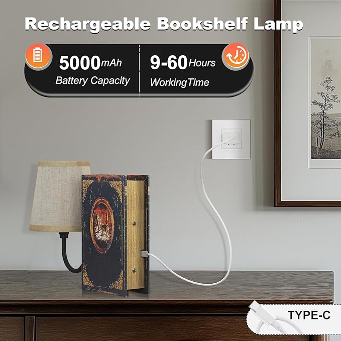 Vintage Bookshelf Lamp Rechargeable, Cordless Book Lamp with Linen Shade, Dimmable Touch Control Table Lamp, Modern Decorative Bookend, Bookshelf Lights for Office Home, Library, Study