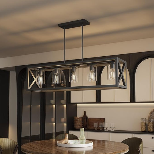 Espird Farmhouse Dining Room Light Fixture - 5 Light Matte Black Rectangle Light Fixture with Adjustable Height & Thickened Metal Dining Table Fixture Chandeliers for Dining Room&Kitchen Island