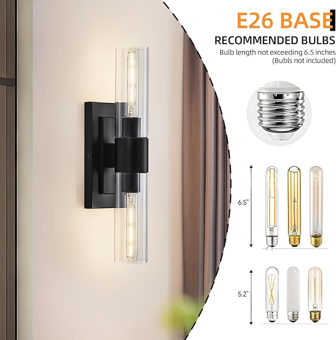 Black Wall Sconces Set of Two,Modern Bathroom Light Fixtures,2-Light Sconces Wall Lighting with Thickened Tempered Clear Glass,19 in Indoor Hardwired Wall Lights for Bedroom,Mirror, E26 Base
