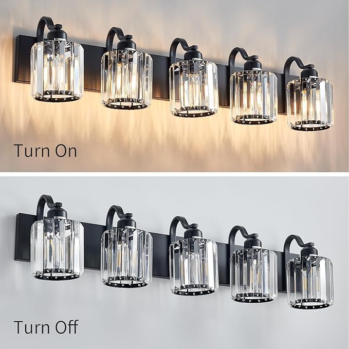 Crystal Vanity Light Black 5 Lights Modern Bathroom Vanity Lighting Fixtures with Crystal Round Shade Over Mirror (Exclude Bulb)